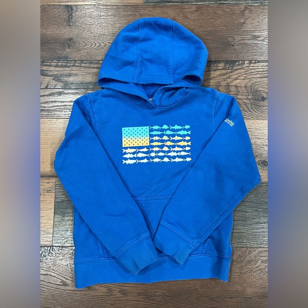 Columbia Bright Blue Kids Hoodie with Fish Flag Graphic
